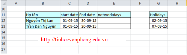 Hướng dẫn sử dụng hàm NETWORKDAYS trong excel 