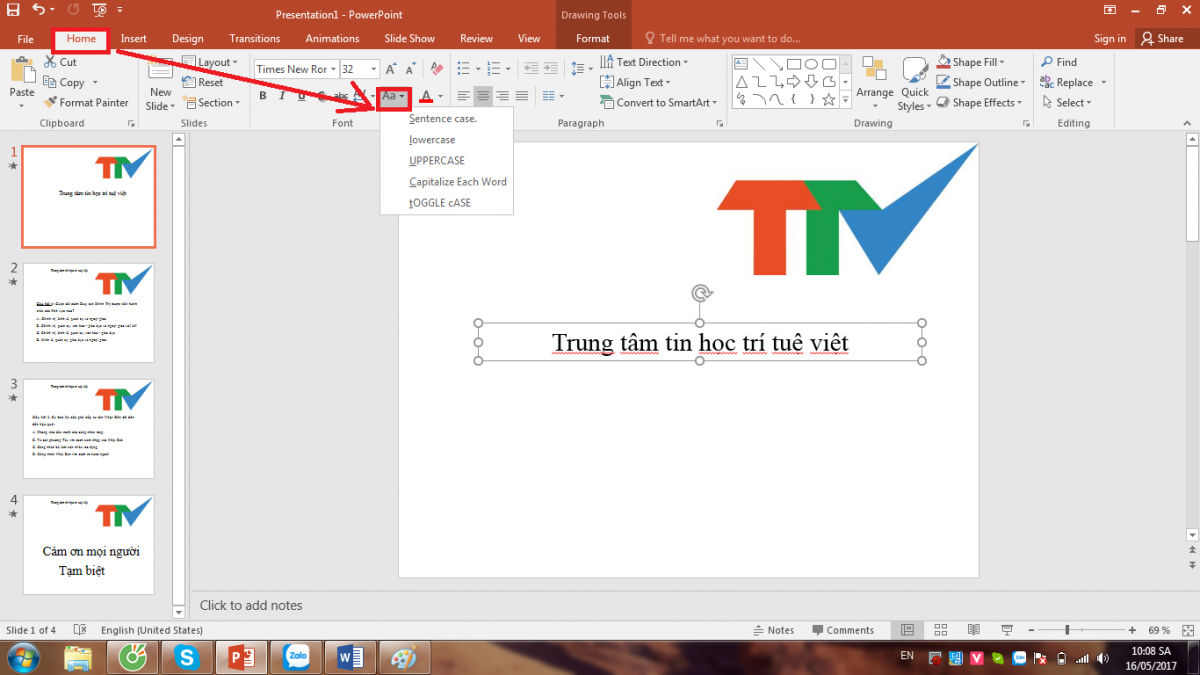 Hướng dẫn chuyển đổi chữ in hoa – thường trong powerpoint